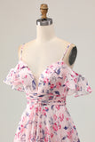 Pink Floral A Line Cold Shoulder Short Prom Dress