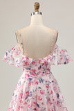 Pink Floral A Line Cold Shoulder Short Prom Dress