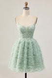 Sage Green A-Line Spaghetti Straps Corset Mini Prom Dress with Appliques