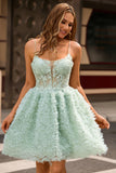 Sage Green A-Line Spaghetti Straps Corset Mini Prom Dress with Appliques