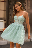 Sage Green A-Line Spaghetti Straps Corset Mini Prom Dress with Appliques