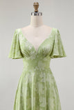 A Line Sage Green Floral Jacquard Flutter Sleeves Maxi Dress with Bow Back