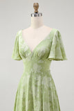 A Line Sage Green Floral Jacquard Flutter Sleeves Maxi Dress with Bow Back