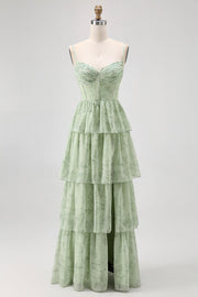 Dusty Sage A Line Corset Tiered Print & Floral Long Bridesmaid Dress with Slit