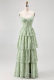 Dusty Sage A Line Corset Tiered Print & Floral Long Bridesmaid Dress with Slit