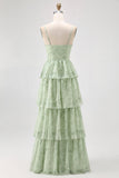 Dusty Sage A Line Corset Tiered Print & Floral Long Bridesmaid Dress with Slit