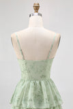 Dusty Sage A Line Corset Tiered Print & Floral Long Bridesmaid Dress with Slit