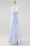 Blue Floral A-Line V Neck Backless Long Bridesmaid Dress with Slit