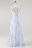 Dusty Sage A-Line Chiffon Flutter Sleeves Print Floral Bridesmaid Dress with Slit
