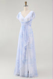 Blue Floral A-Line V Neck Backless Long Bridesmaid Dress with Slit