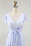 Blue Floral A-Line V Neck Backless Long Bridesmaid Dress with Slit