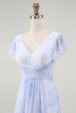 Blue Floral A-Line V Neck Backless Long Bridesmaid Dress with Slit