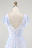 Blue Floral A-Line V Neck Backless Long Bridesmaid Dress with Slit