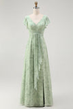Blue Floral A-Line V Neck Backless Long Bridesmaid Dress with Slit
