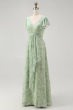 Blue Floral A-Line V Neck Backless Long Bridesmaid Dress with Slit