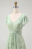 Dusty Sage A-Line Chiffon Flutter Sleeves Print Floral Bridesmaid Dress with Slit