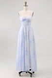 Dusty Sage A-Line Spaghetti Straps Backless Print Floral Bridesmaid Dress