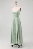 Dusty Sage A-Line Spaghetti Straps Backless Print Floral Bridesmaid Dress
