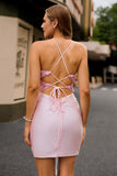 Candy Pink Flower Spaghetti Straps Corset Bodycon Mini Prom Dress Dress