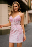Candy Pink Flower Spaghetti Straps Corset Bodycon Mini Prom Dress Dress