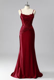 Burgundy Mermaid Ruched Satin Corset Prom Dress