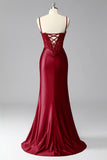 Burgundy Mermaid Ruched Satin Corset Prom Dress