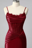 Burgundy Mermaid Ruched Satin Corset Prom Dress