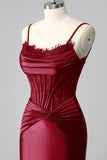 Burgundy Mermaid Ruched Satin Corset Prom Dress