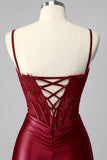 Burgundy Mermaid Ruched Satin Corset Prom Dress