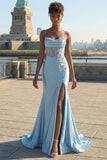 Grey Blue Mermaid Corset Appliqued Spaghetti Straps Long Prom Dress With Slit