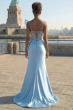 Grey Blue Mermaid Corset Appliqued Spaghetti Straps Long Prom Dress With Slit