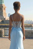 Grey Blue Mermaid Corset Appliqued Spaghetti Straps Long Prom Dress With Slit