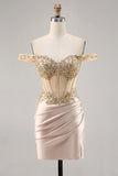 Champagne Off the Shoulder Corset Mini Prom Dress with Sequins