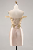 Champagne Off the Shoulder Corset Mini Prom Dress with Sequins