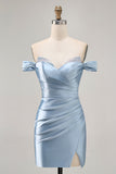 Grey Blue Off The Shoulder Satin Ruched Bodycon Short Prom Dress with Slit