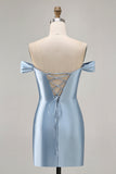 Grey Blue Off The Shoulder Satin Ruched Bodycon Short Prom Dress with Slit