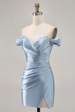 Grey Blue Off The Shoulder Satin Ruched Bodycon Short Prom Dress with Slit