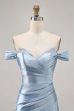 Grey Blue Off The Shoulder Satin Ruched Bodycon Short Prom Dress with Slit