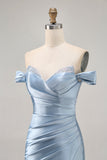 Grey Blue Off The Shoulder Satin Ruched Bodycon Short Prom Dress with Slit