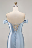 Grey Blue Off The Shoulder Satin Ruched Bodycon Short Prom Dress with Slit