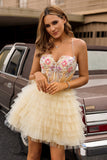 Apricot A Line Spaghetti Straps Corset Ruffled Short Prom Dress