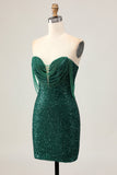 Sparkly Off The Shoulder Dark Green Bodycon Sequins Short Prom Dress