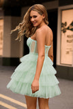 Light Green A Line Strapless Corset Tiered Mini Prom Dress