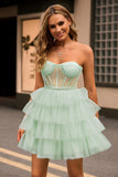Light Green A Line Strapless Corset Tiered Mini Prom Dress