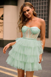 Light Green A Line Strapless Corset Tiered Mini Prom Dress