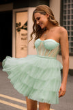 Light Green A Line Strapless Corset Tiered Mini Prom Dress