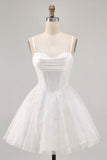 White A-Line Corset Spaghetti Straps Satin Short Prom Dress with Appliques