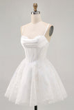 White A-Line Corset Spaghetti Straps Satin Short Prom Dress with Appliques