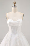 White A-Line Corset Spaghetti Straps Satin Short Prom Dress with Appliques