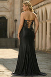 Strapless Mermaid Black Beaded Corset Plus Size Long Prom Dress with Slit
